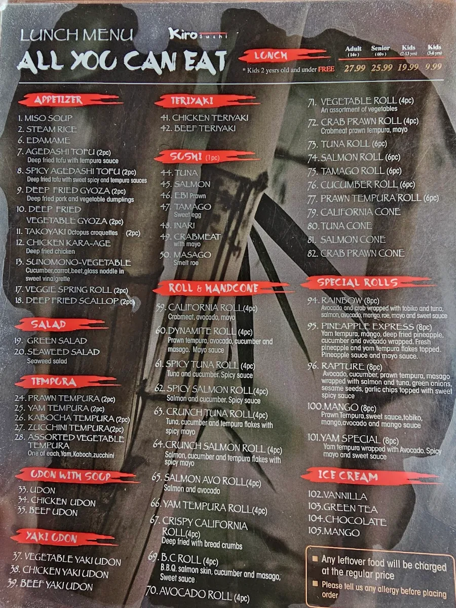 Menu, Kiro Sushi