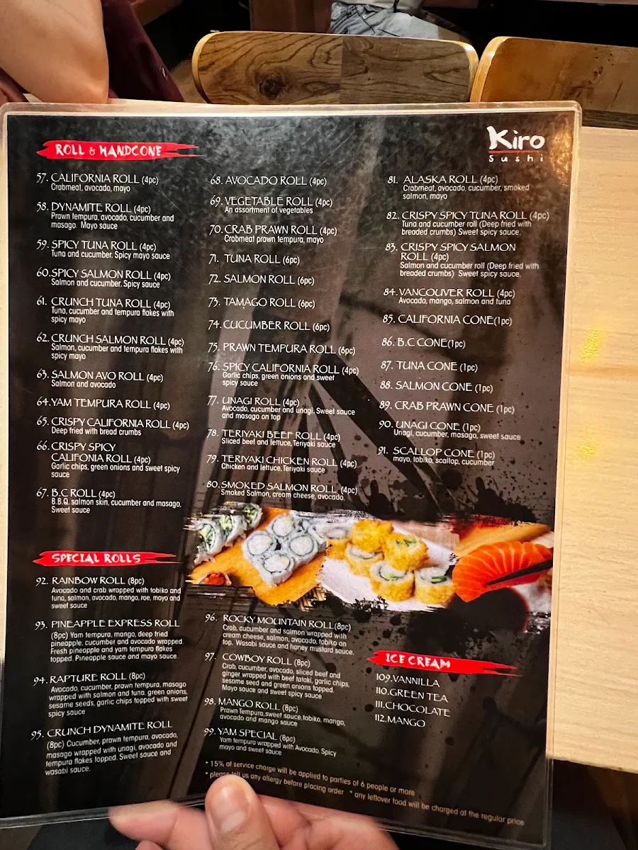 Menu, Kiro Sushi