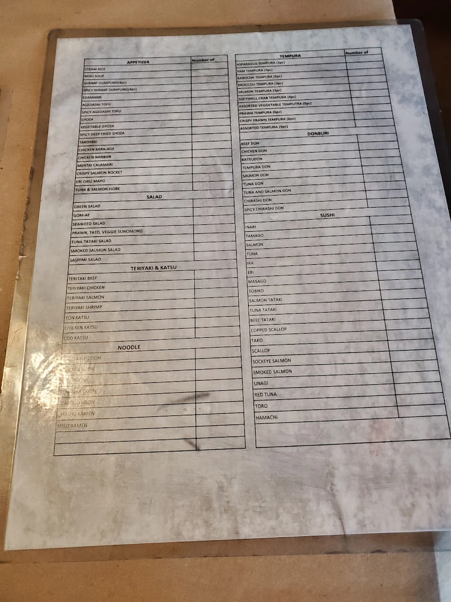 Menu, Kiro Sushi