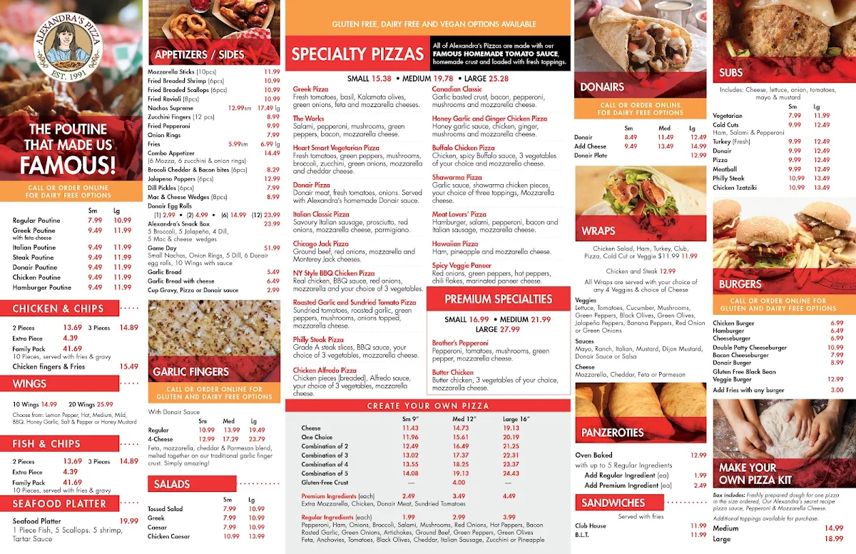 Menu, Alexandra's Pizza Spryfield