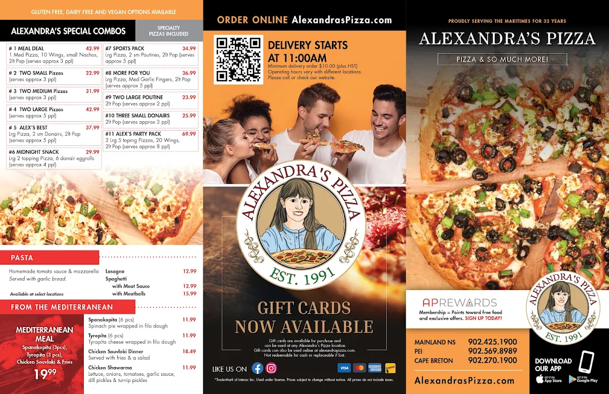 Menu, Alexandra's Pizza Spryfield
