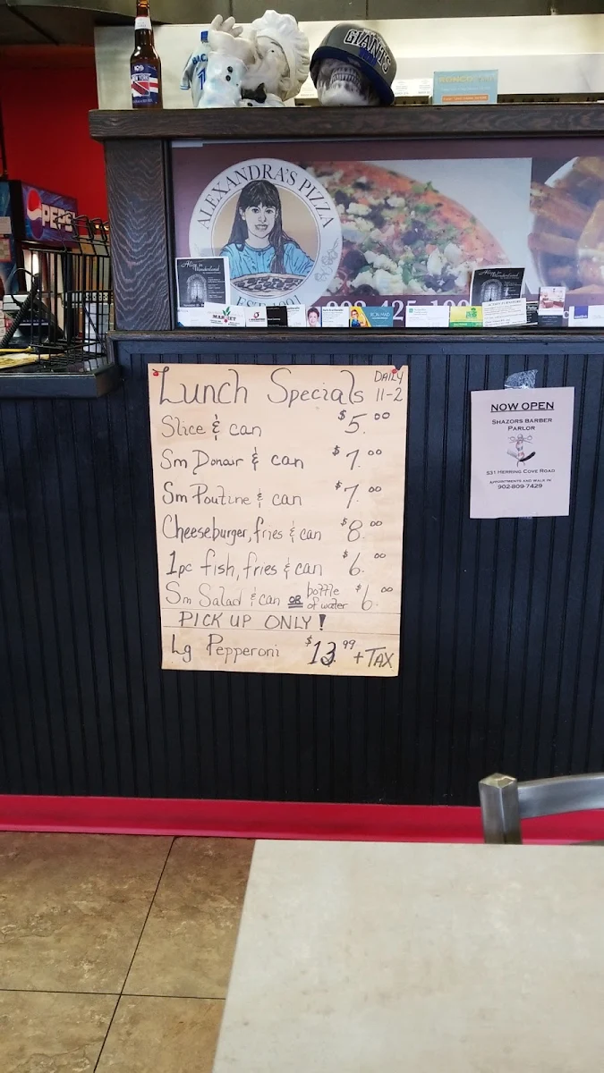 Menu, Alexandra's Pizza Spryfield