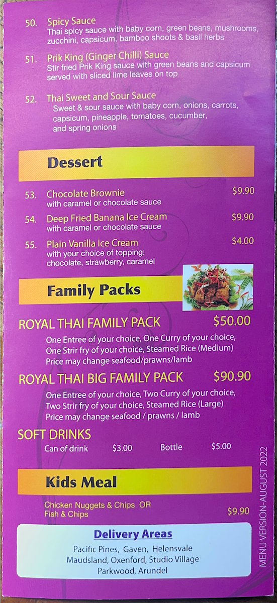 Menu, The Royal Thai Hut