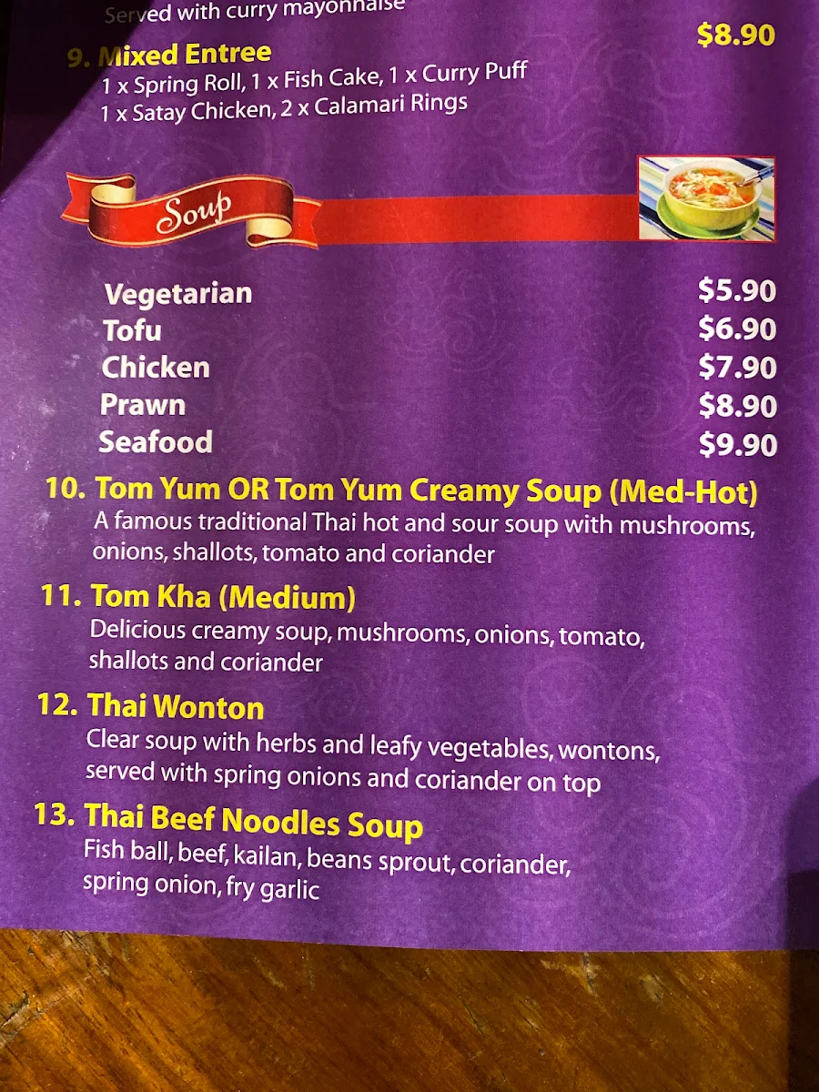 Menu, The Royal Thai Hut