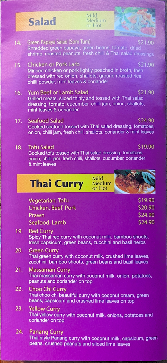 Menu, The Royal Thai Hut