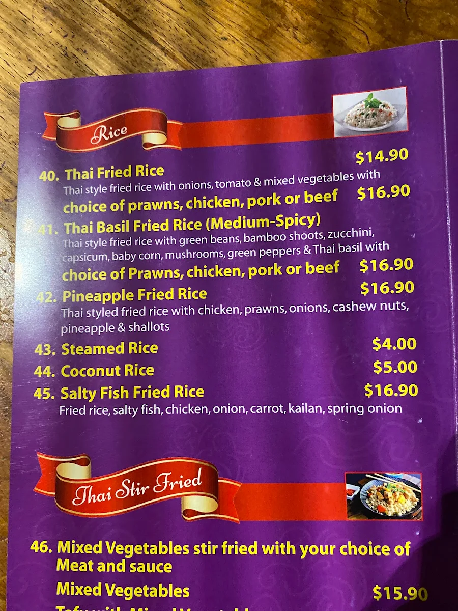 Menu, The Royal Thai Hut