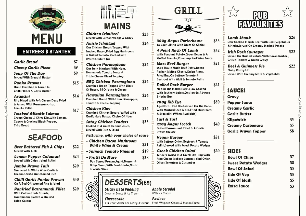 Menu, MacNamara's Irish Pub