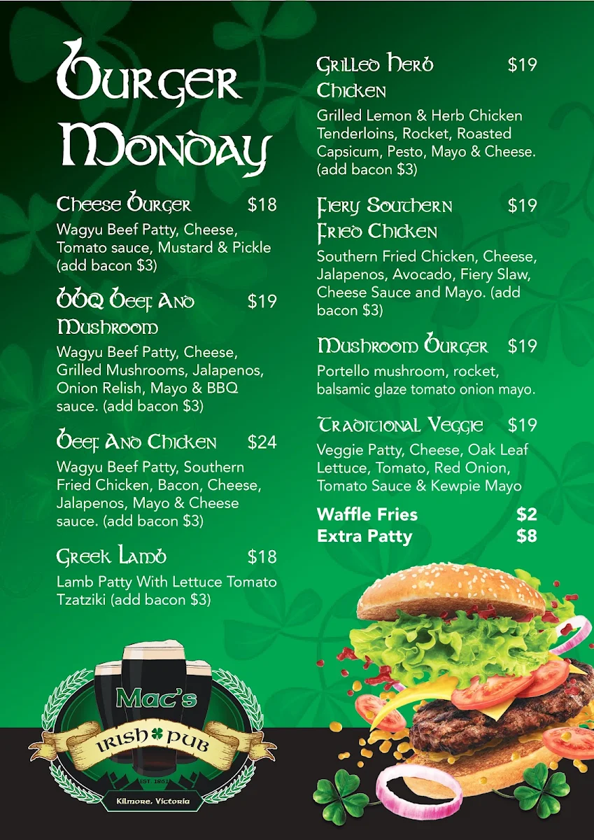 Menu, MacNamara's Irish Pub