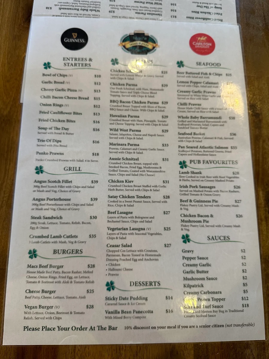 Menu, MacNamara's Irish Pub