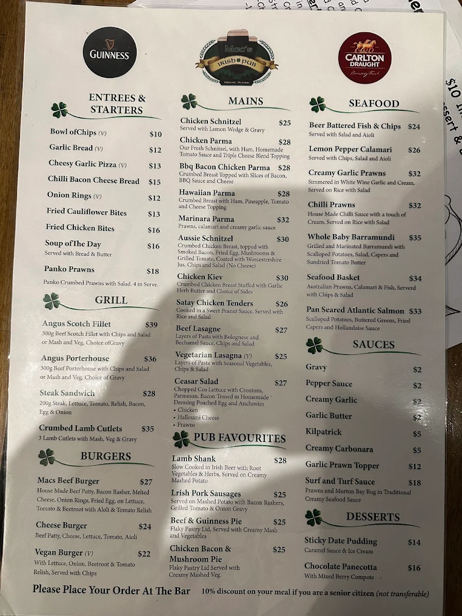 Menu, MacNamara's Irish Pub