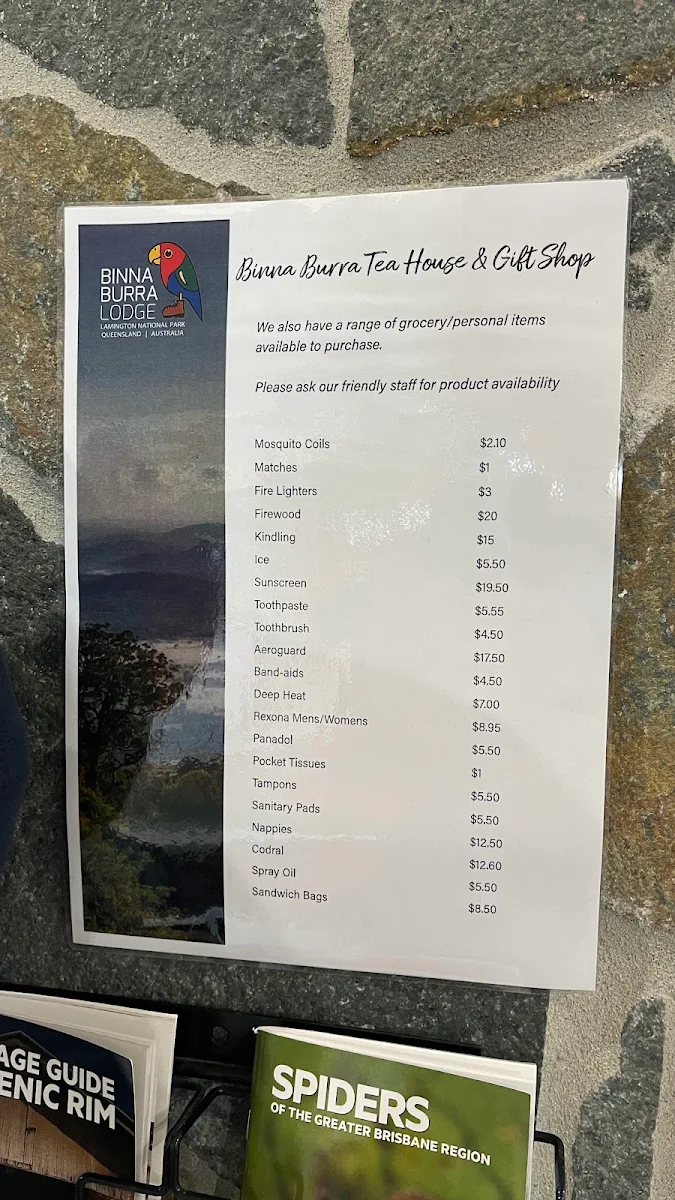 Menu, Binna Burra Tea House