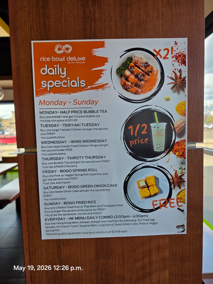 Menu, Rice Bowl Deluxe (Whyte Ave)