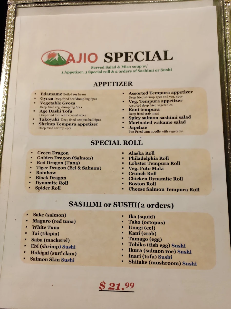 Menu, AJIO KOREAN &JAPANESE RESTAURANT (아지오 한식 일식)