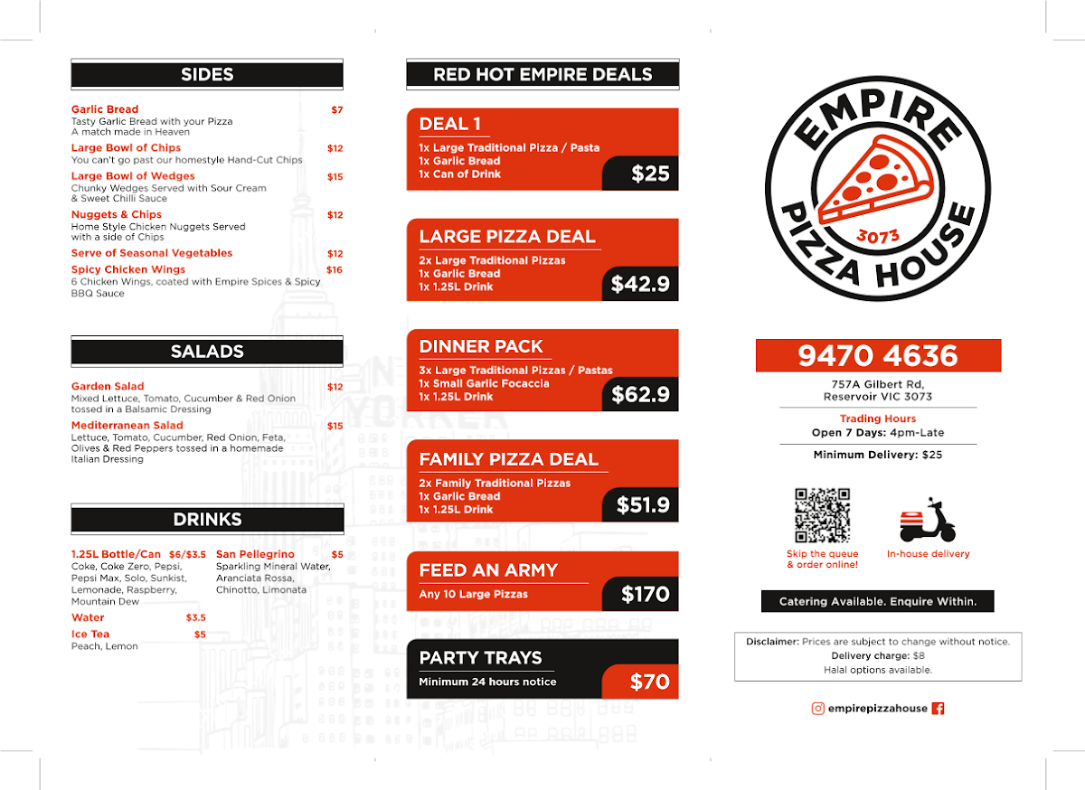 Menu, Empire Pizza House