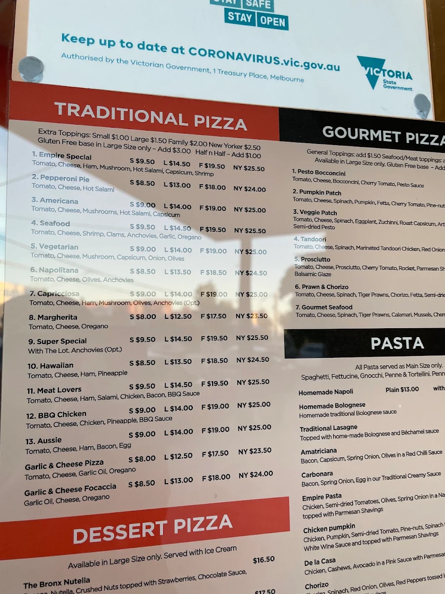 Menu, Empire Pizza House