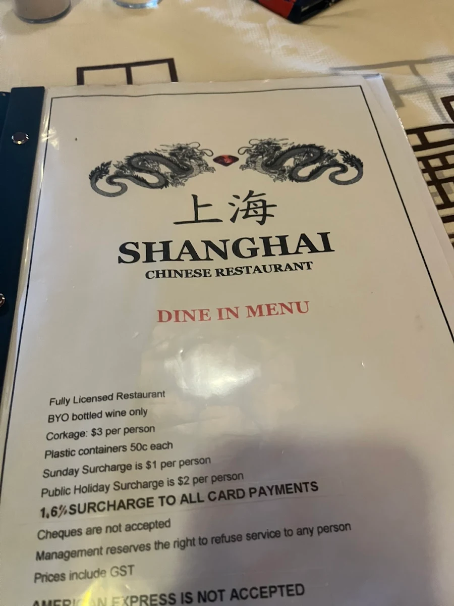 Menu, Shanghai Chinese Restaurant