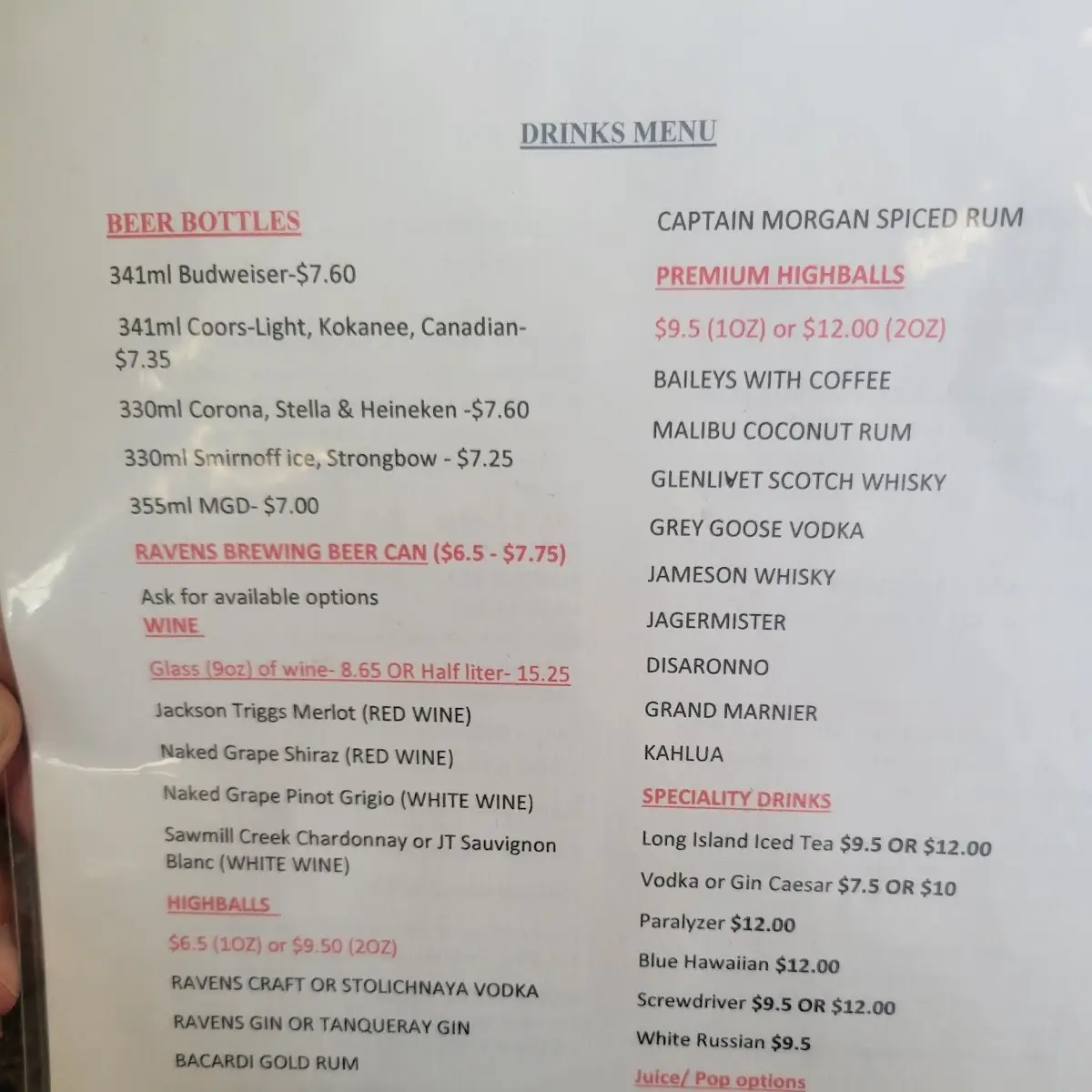 Menu, Raven's Bar + Grill