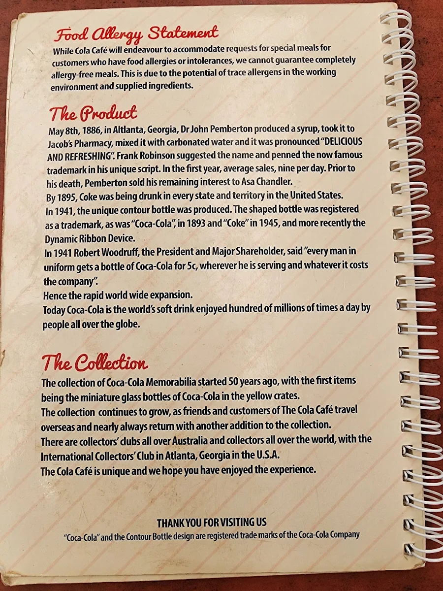 Menu, The Cola Café and Museum