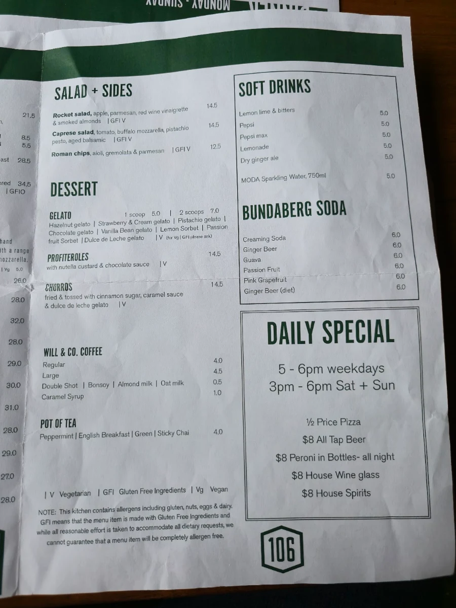 Menu, Parry St Garage