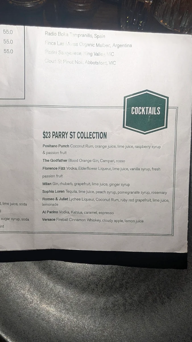 Menu, Parry St Garage