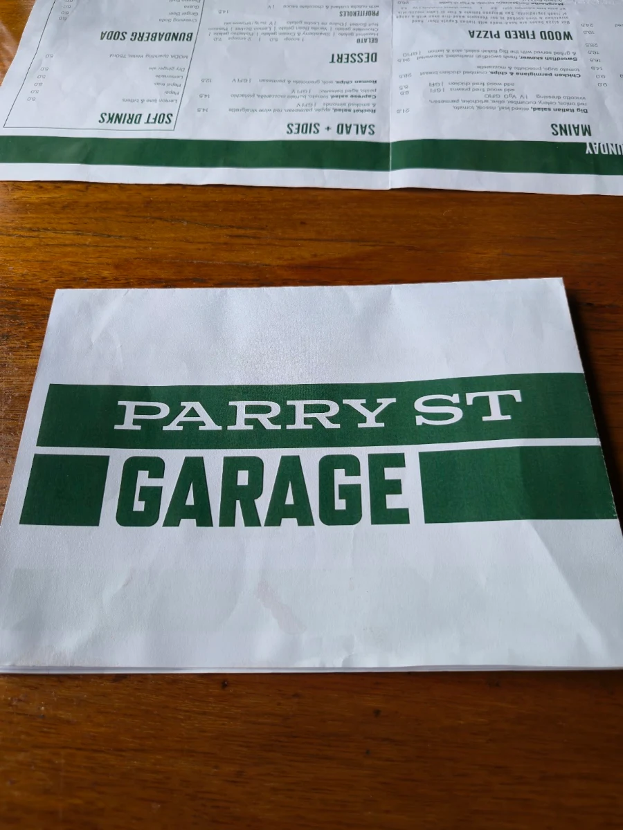 Menu, Parry St Garage
