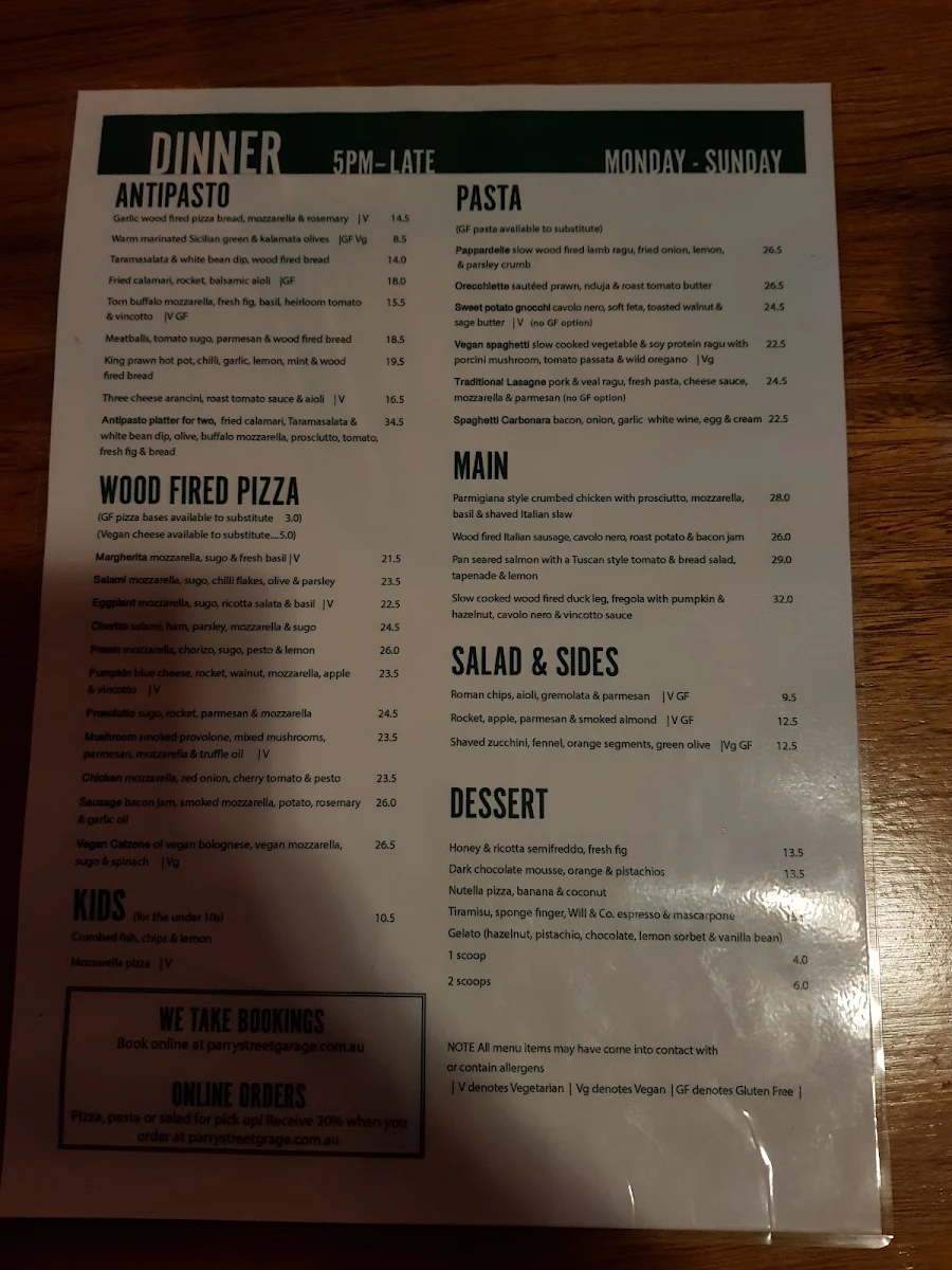 Menu, Parry St Garage
