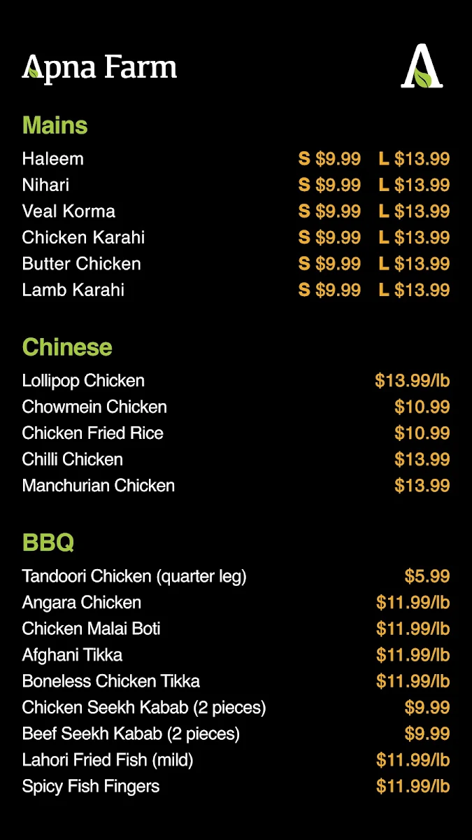 Menu, Apna Farm's Kitchen