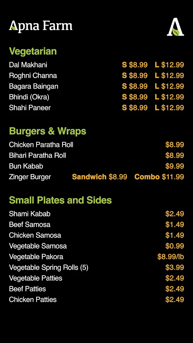 Menu, Apna Farm's Kitchen
