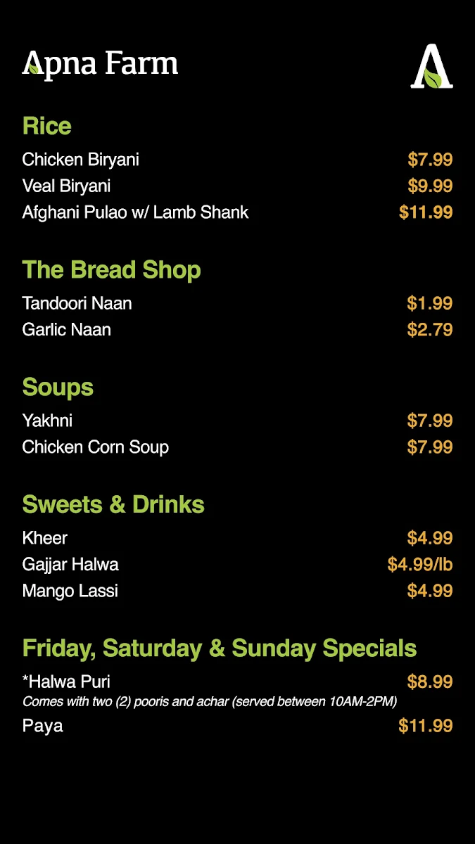 Menu, Apna Farm's Kitchen