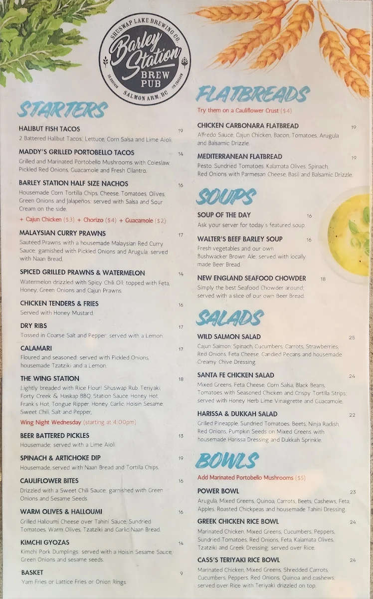 Menu, Barley Station Brewpub