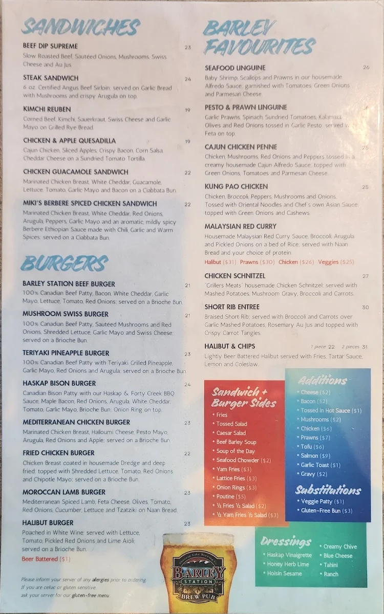 Menu, Barley Station Brewpub