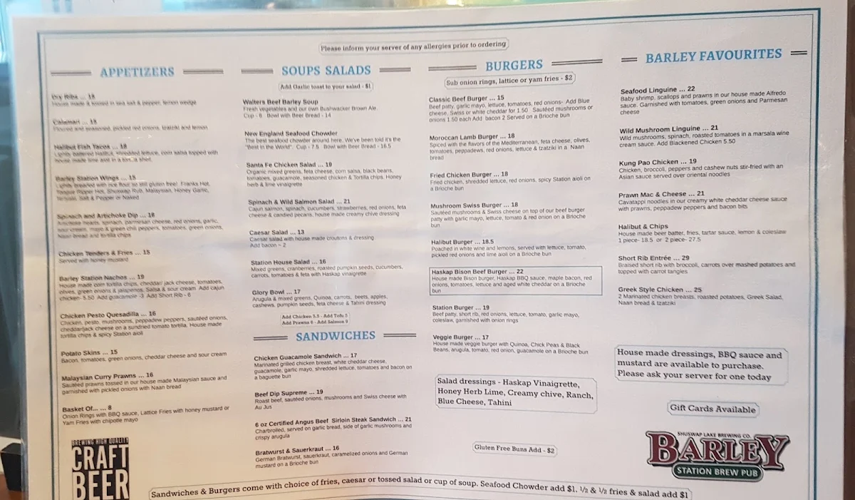 Menu, Barley Station Brewpub