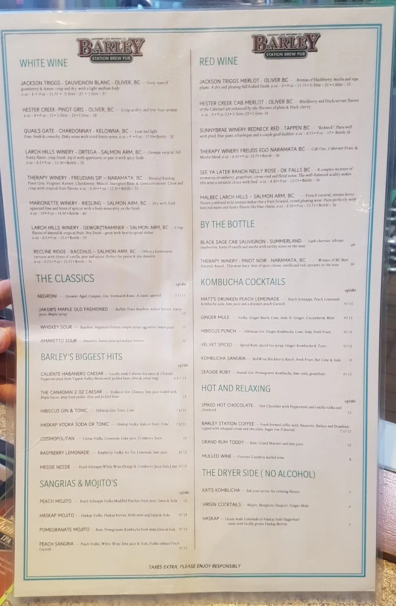 Menu, Barley Station Brewpub