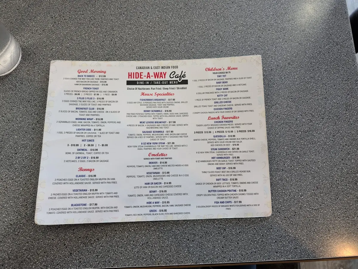 Menu, Hide-A-Way Cafe