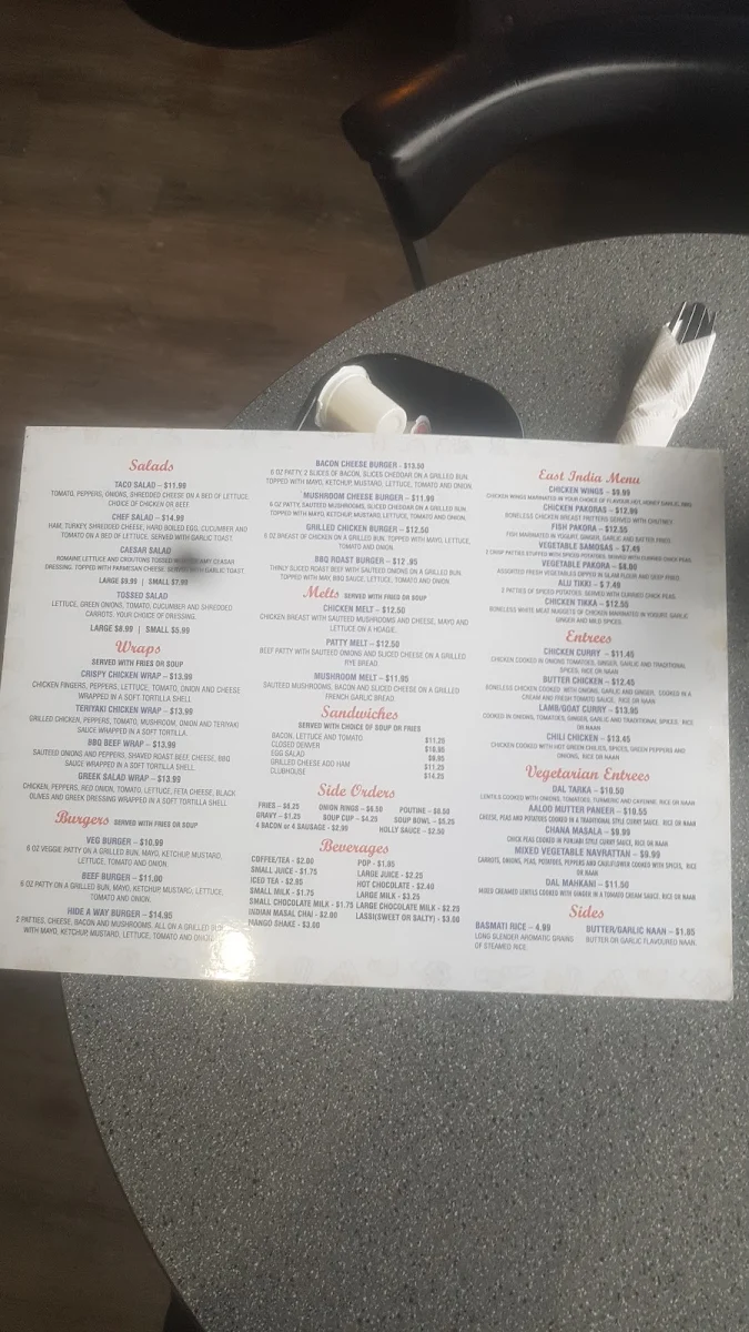Menu, Hide-A-Way Cafe