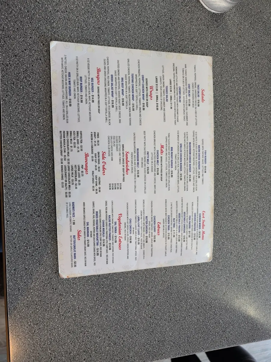 Menu, Hide-A-Way Cafe
