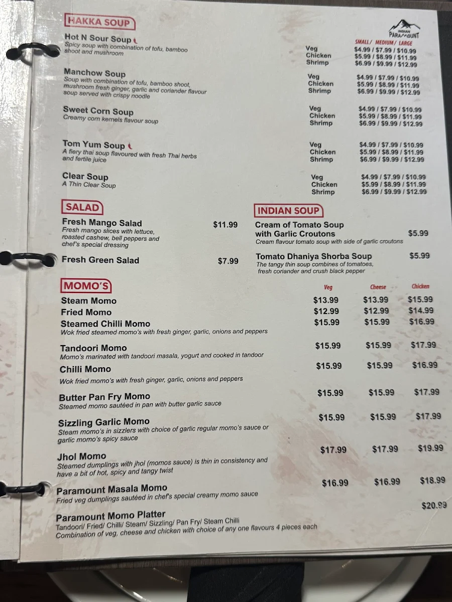 Menu, Indian Paramount Restaurant