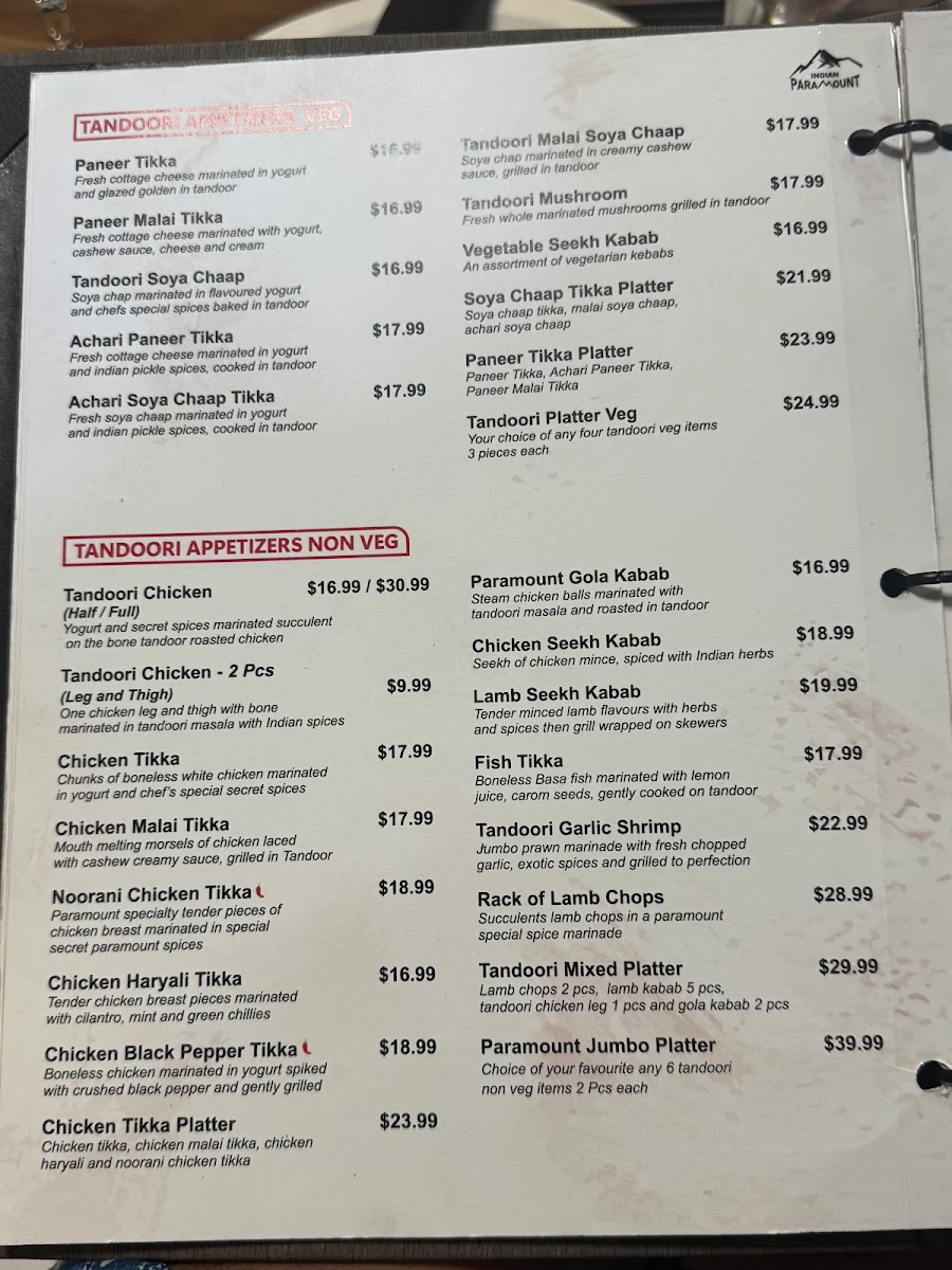 Menu, Indian Paramount Restaurant