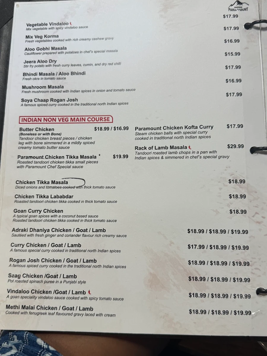 Menu, Indian Paramount Restaurant