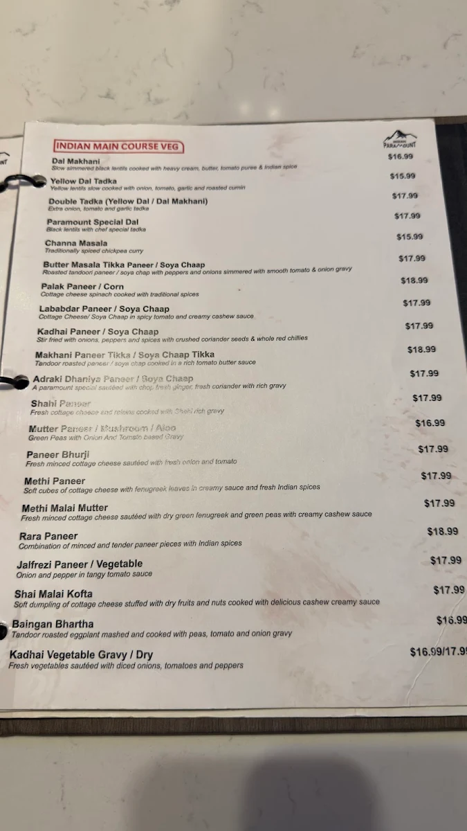 Menu, Indian Paramount Restaurant