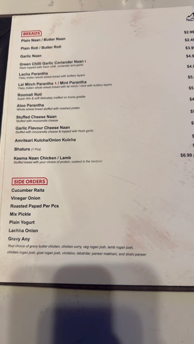 Menu, Indian Paramount Restaurant