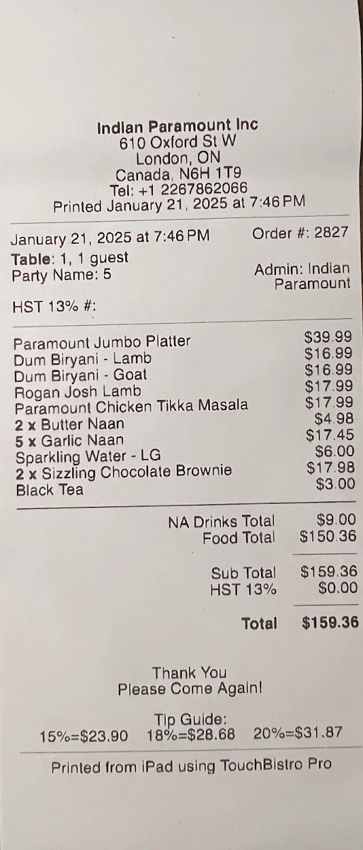 Menu, Indian Paramount Restaurant