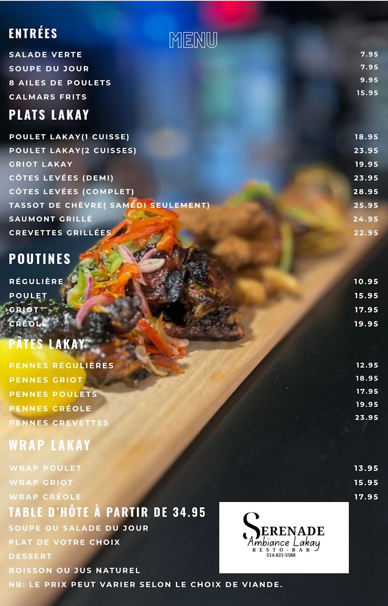 Menu, Serenade ambiance Lakay