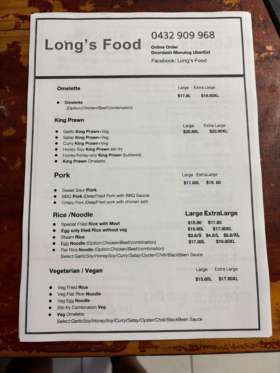 Menu, Long's Food
