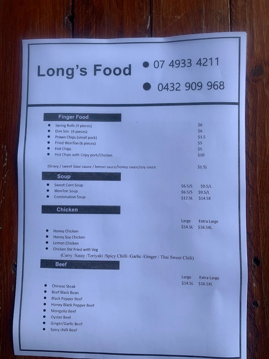 Menu, Long's Food