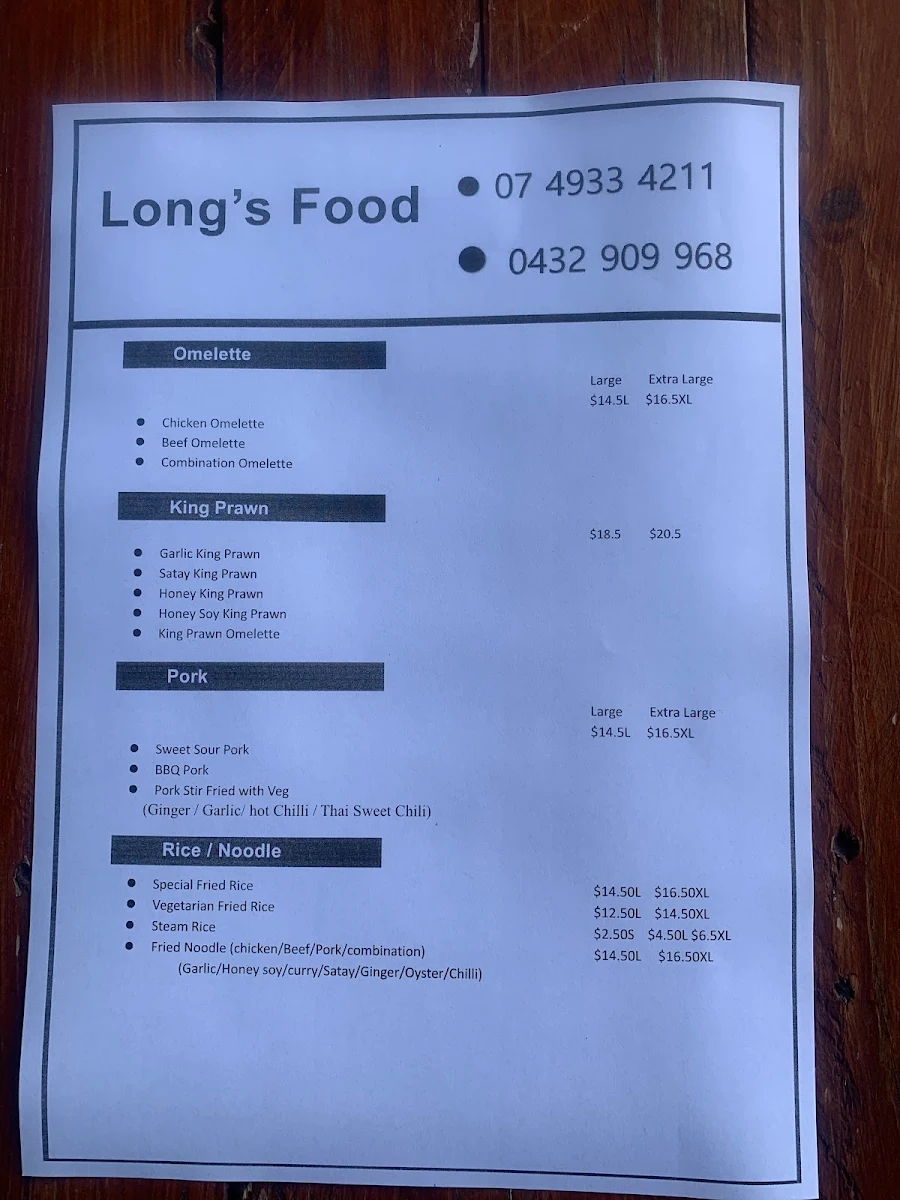 Menu, Long's Food
