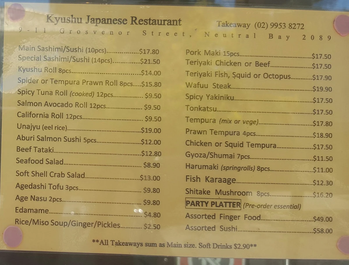Menu, Kyushu Japanese Restaurant