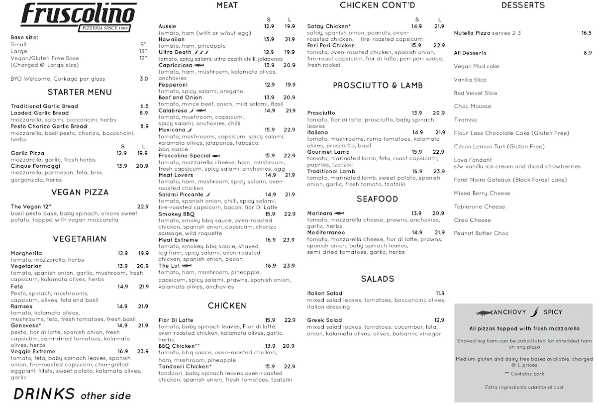 Menu, Fruscolino Pizzeria