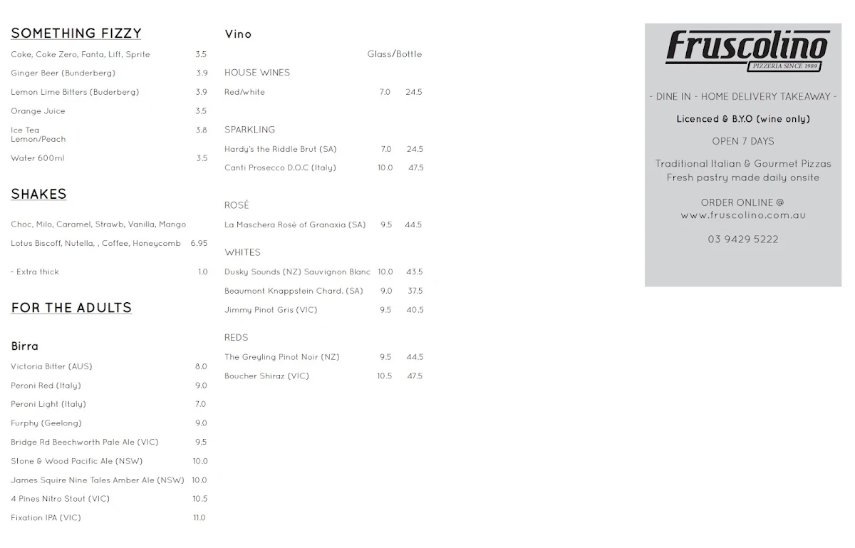 Menu, Fruscolino Pizzeria