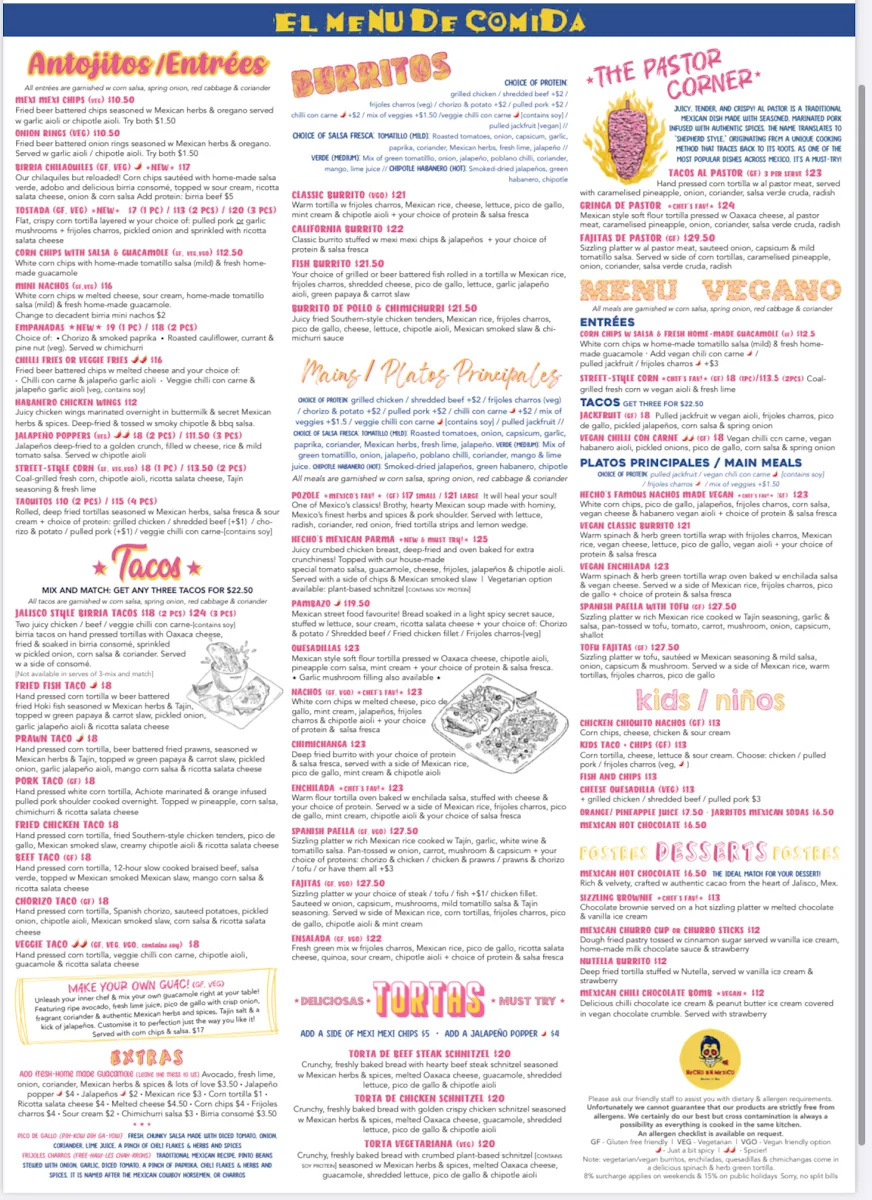 Menu, Hecho en Mexico Richmond (Rooftop Bar)